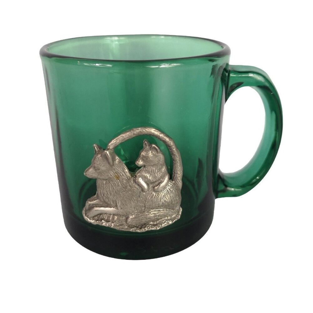 Vintage Green Glass Coffee Mug With Pewter Wolf & Pup Made In USA